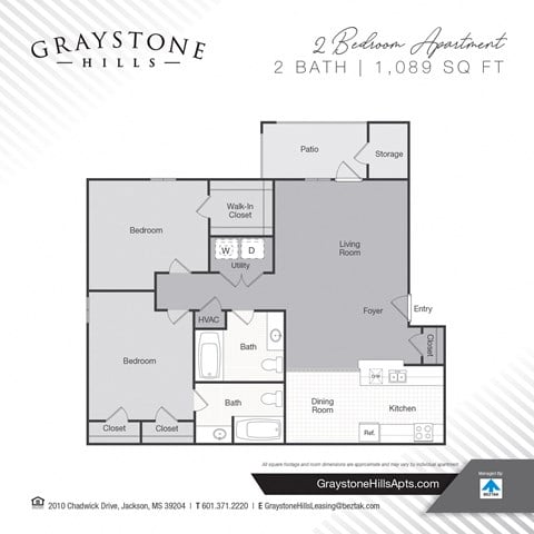 Floor plan for 2 beds, 2 baths, 1089 sqft